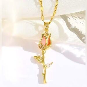 18K Gold Rose Jade Flower Long Stem Pave Diamond Accent Diamond Leaf Necklace